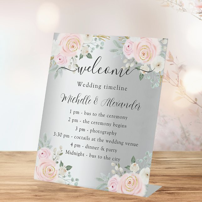 Wedding program timeline silver pink flowers pedestal sign (Creator Uploaded)