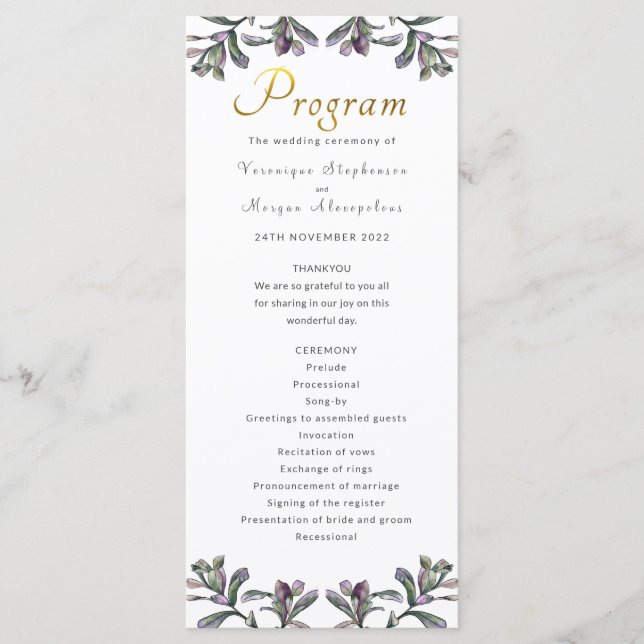 Wedding program tropical foliage gold script (Front)