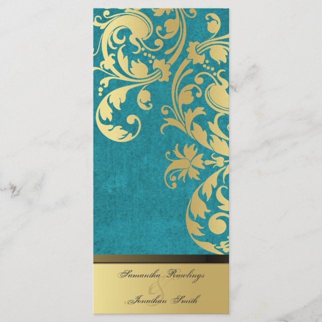 Wedding Program - Turquoise & Gold Shimmer Floral (Front)