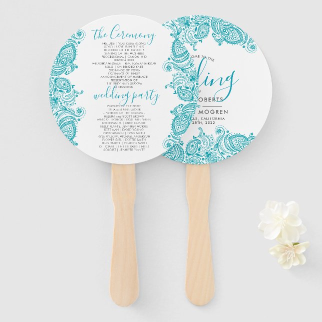 Wedding Program-Turquoise Paisley lace Hand Fan (Front and Back)