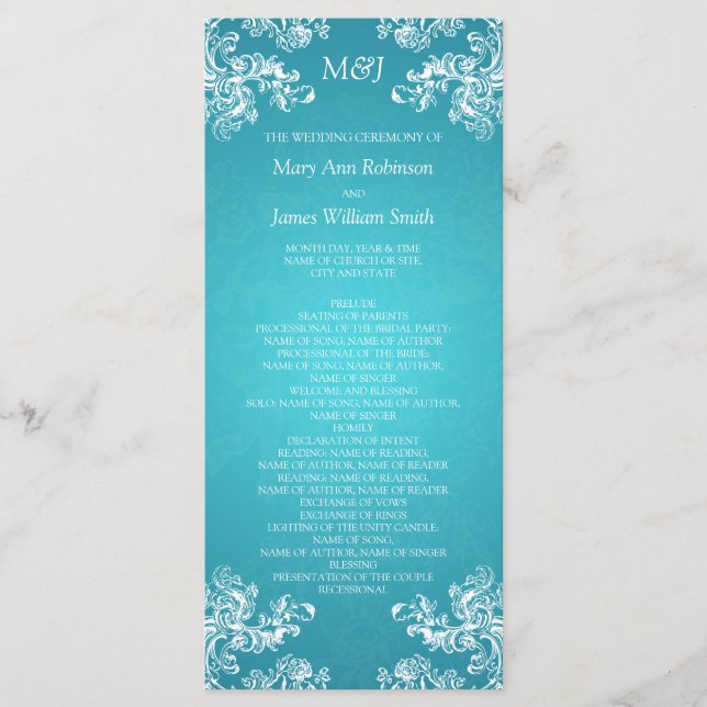 Wedding Program Vintage Swirls 2 Turquoise (Front)