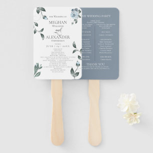 Wedding Program   Watercolor Dusty Blue Floral Hand Fan