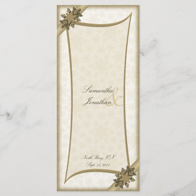 Wedding Program Winter Gold & White Snowflakes (Front)
