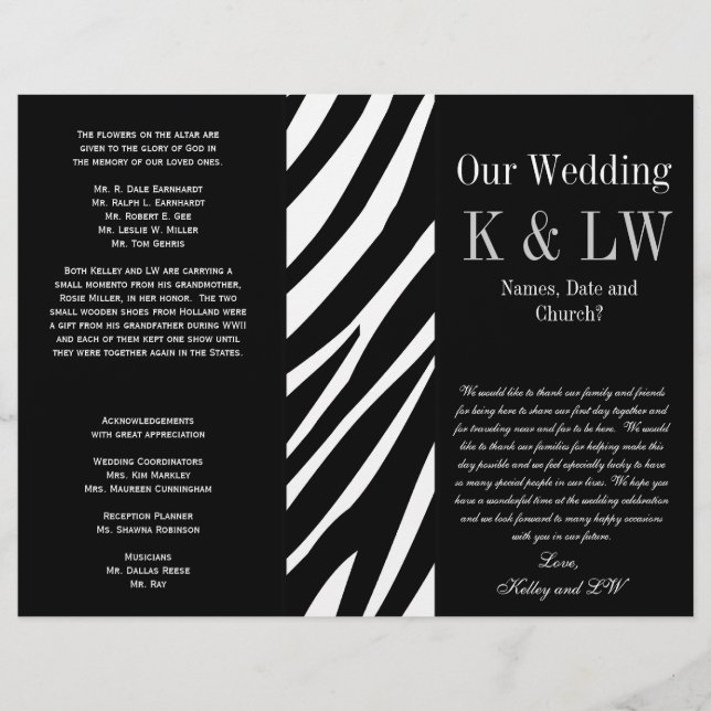 Wedding Program Zebra Stripes Pattern (Front)