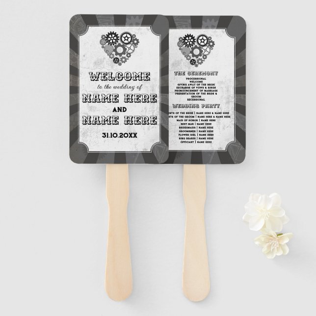 Wedding Programme Hand Fan Steampunk Wedding Heart (Front and Back)