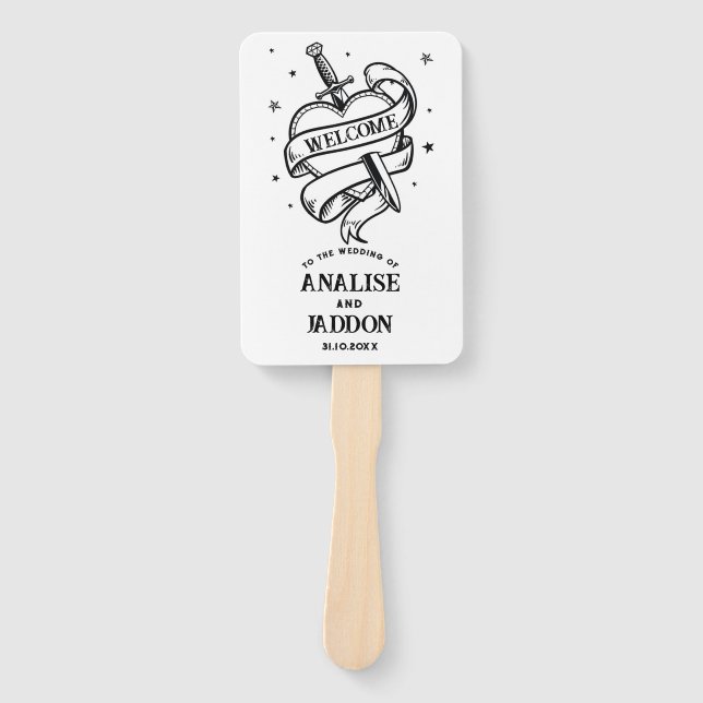 Wedding Programme Hearts Tattoo Traditional  Hand Fan (Front)