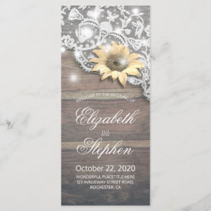 Wedding Programs Lace Sunflower Rustic Wood Lights