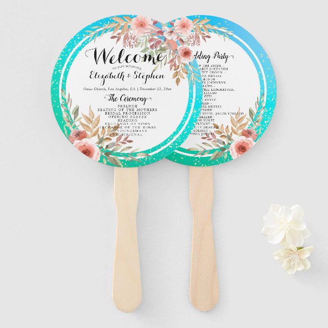 Wedding Programs Modern Pink Floral Teal Gold Dots Hand Fan (Front and Back)