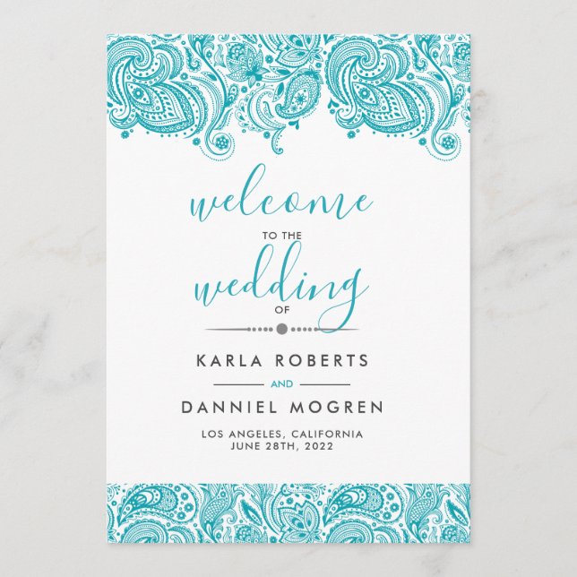 Wedding programs turquoise-blue paisley lace (Front)