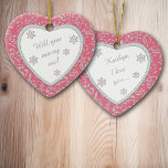 Wedding Proposal Pink Damask Faux Diamond Ceramic Ornament<br><div class="desc">What a wonderful and romantic way to propose marriage to your sweetheart! This pretty ornament features a white heart framed in faux diamond gem images on a pretty rose pink and silver floral damask background. Inside the white heart is your text in matching silver grey, plus twinkling snowflake images. The...</div>