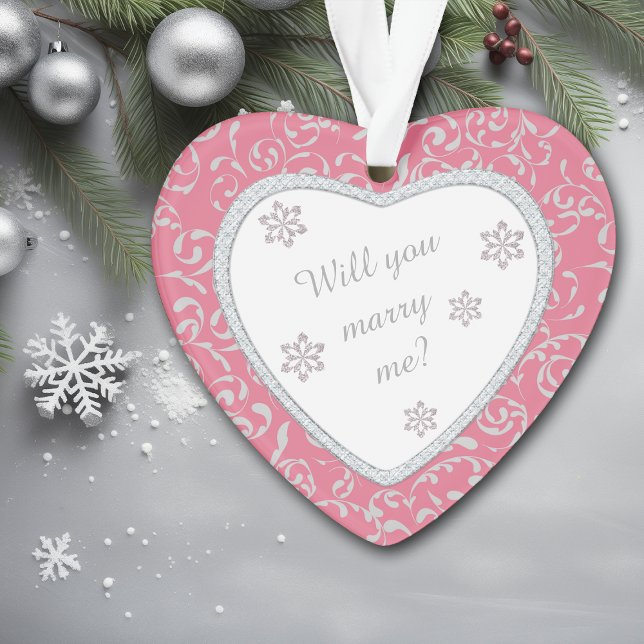 Wedding Proposal Pink Damask Faux Diamond Ornament (Creator Uploaded)