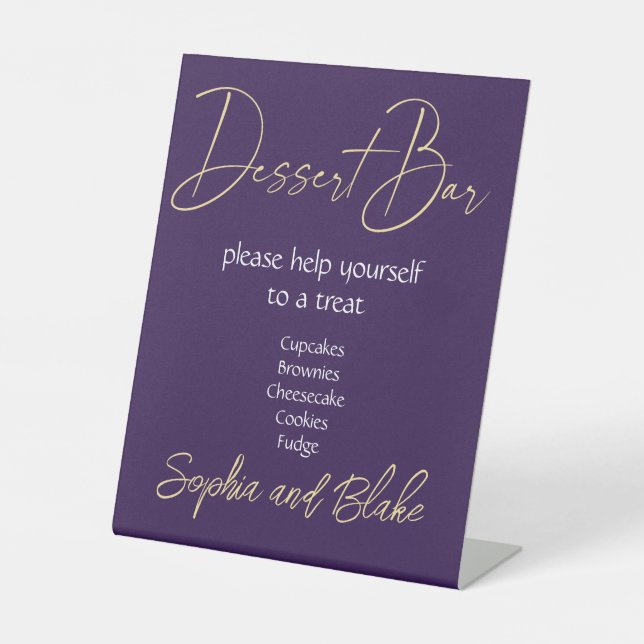 Wedding Purple and Gold Dessert Bar Pedestal Sign (Front)
