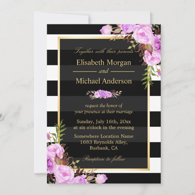 Wedding Purple Floral Gold Black White Stripes Invitation (Front)