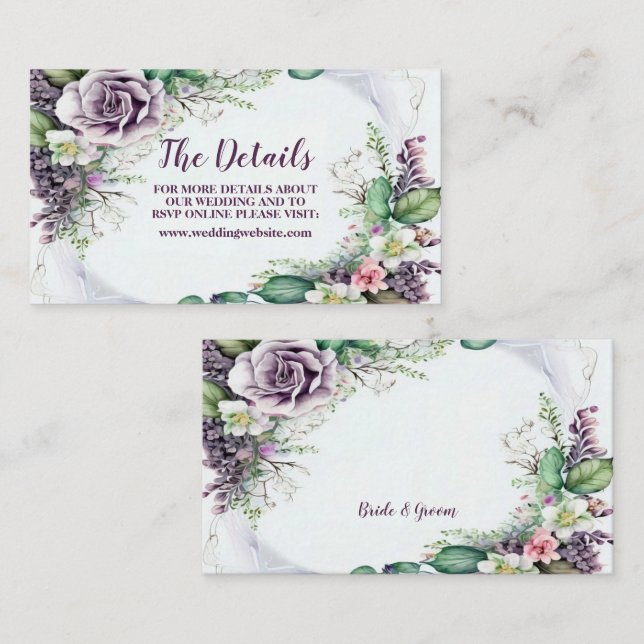 Wedding Purple Floral Green Foliage Watercolor Enclosure Card (Front/Back)