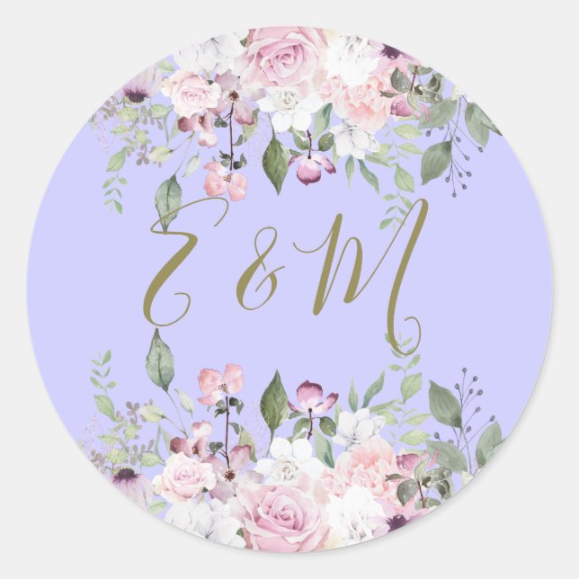 Wedding Purple Floral Monogram Summer Gold Classic Round Sticker (Front)