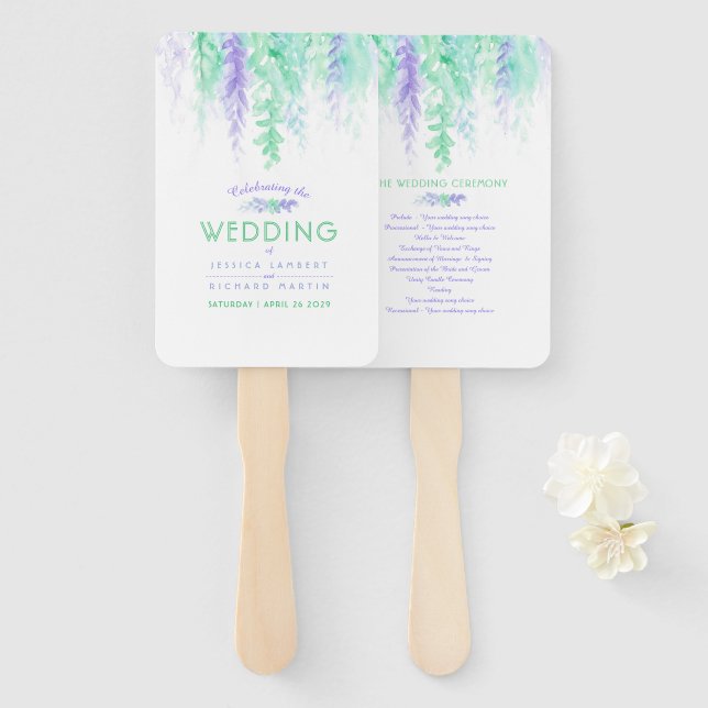 Wedding purple green flower cascade program fans (Front and Back)