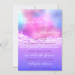Wedding Purple Ocean Pink Spark Bubbles Ocean Invitation
