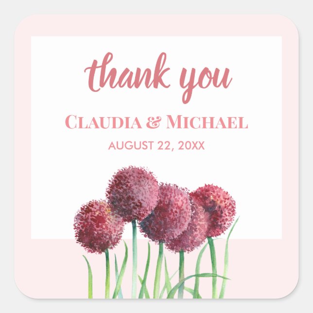 Wedding Purple Pink Alliums Flower Watercolor Square Sticker (Front)