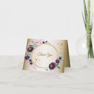 Wedding Purple Pink Floral Green Leaves Golden Thank You Card
