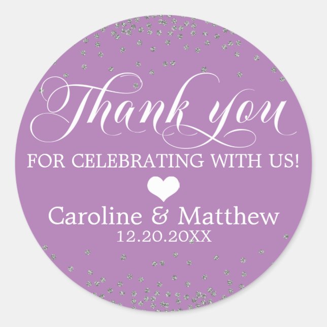 Wedding Purple Sprinkle Sparkle Silver THANK YOU Classic Round Sticker (Front)