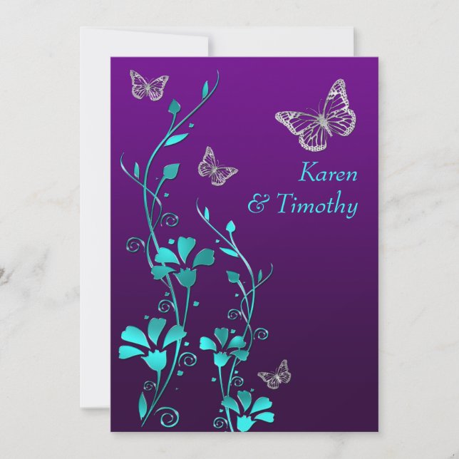 Wedding | Purple Teal Silver, Floral | Butterflies Invitation (Front)
