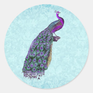 Wedding Purple Vintage Peacock V01C Classic Round Sticker