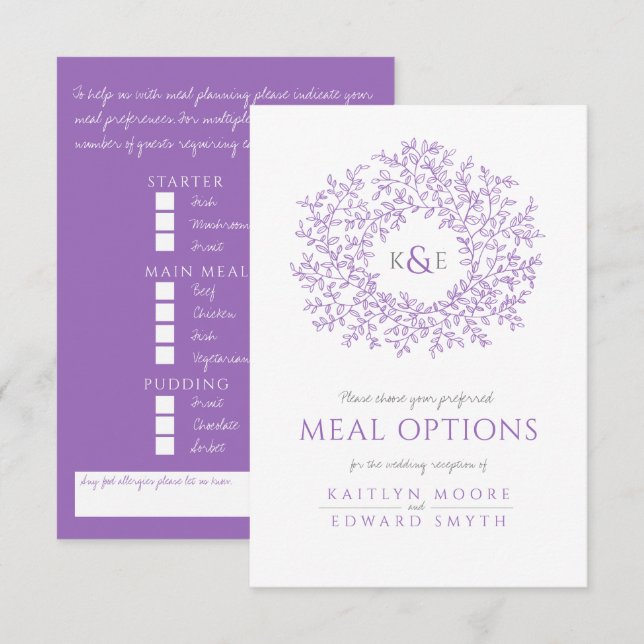 Wedding purple white leaf monogram meal options enclosure card (Front/Back)