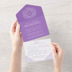 Wedding purple white leaves all in one invitation