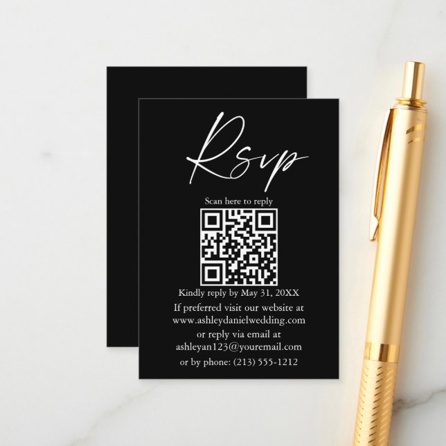 Wedding QR Calligraphy Ink Script Black RSVP Enclosure Card (Front/Back In Situ)