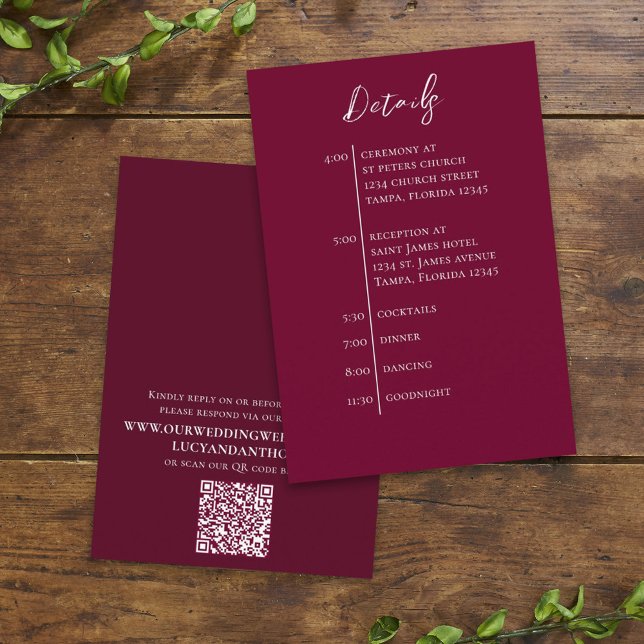 Wedding QR Code Burgundy Simple Timeline Enclosure Card (Creator Uploaded)