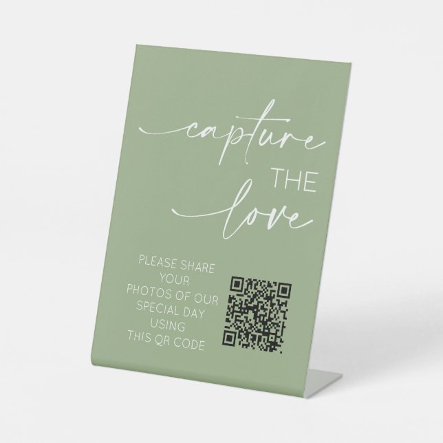 Wedding QR Code Photo App Upload Sage Green Pedestal Sign (Front)