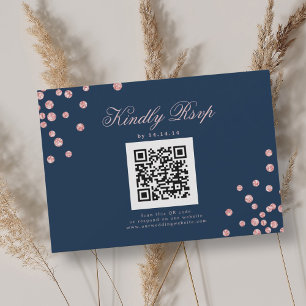 Wedding QR RSVP Rose Gold Confetti Navy Blue  Card
