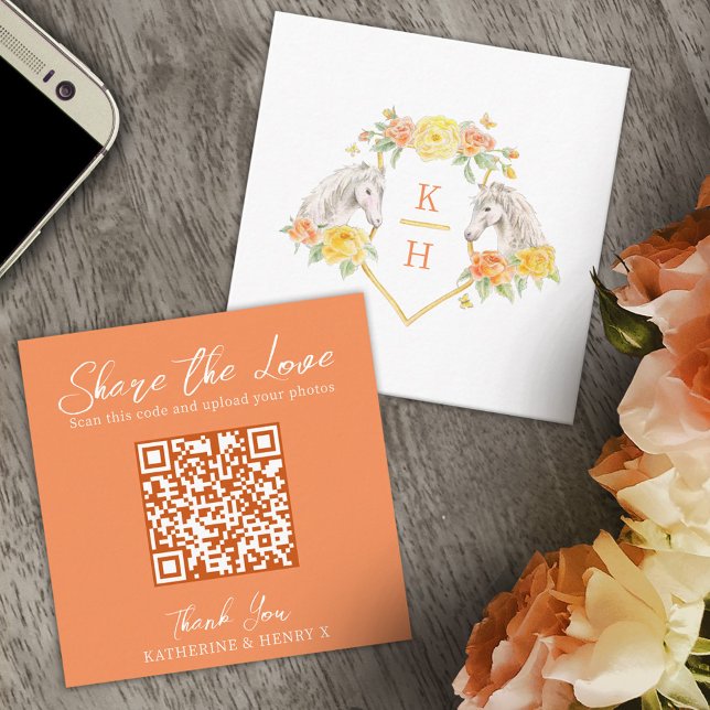 Wedding QR share love horses monogram grey coral Enclosure Card (Creator Uploaded)