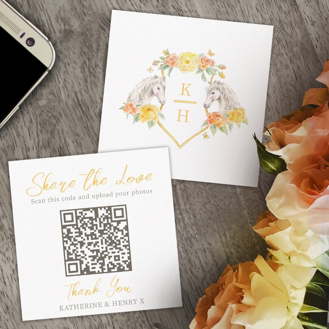 Wedding QR share love horses monogram grey yellow Enclosure Card (Creator Uploaded)