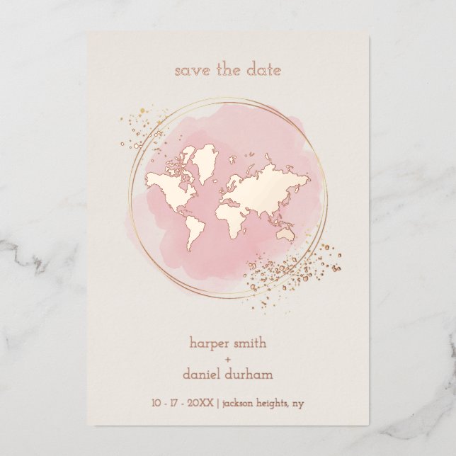 Wedding Real Rose Gold Effect World Map (Front)