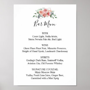 Wedding Reception Bar Menu Pink Floral Script Poster