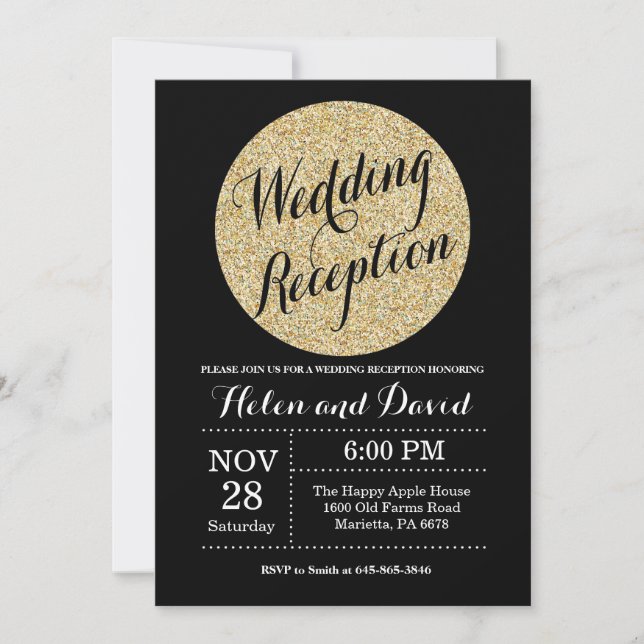 Wedding Reception Black Gold Glitter Invitation (Front)