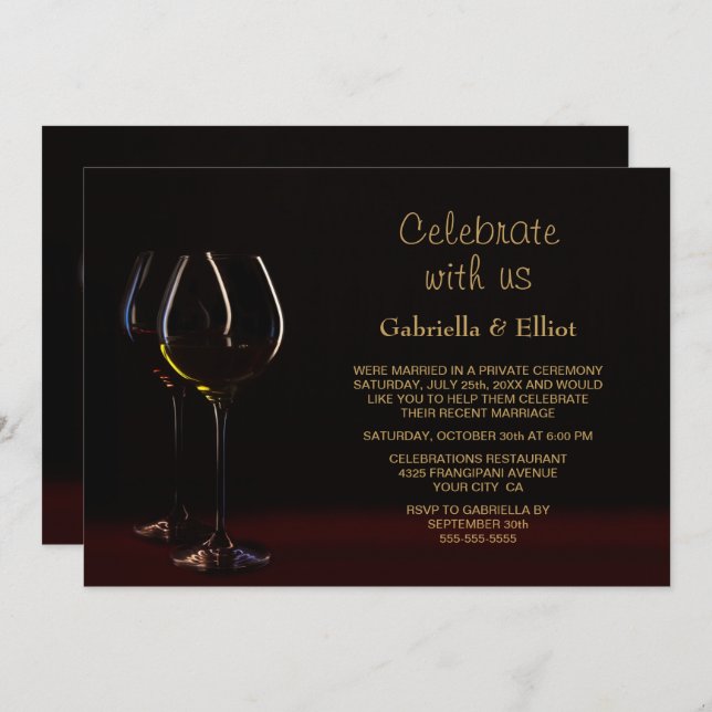 Wedding Reception Black Gold Wine Glass Party Invitation (Front/Back)