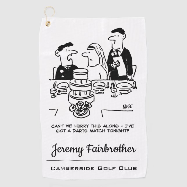 Wedding Reception Bridegroom has a Darts Match Golf Towel (Front)