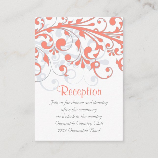 Wedding Reception Card Abstract Floral Coral Grey (Front)