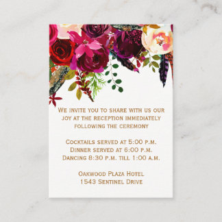 Wedding Reception Card - Burgundy Floral, Feathers