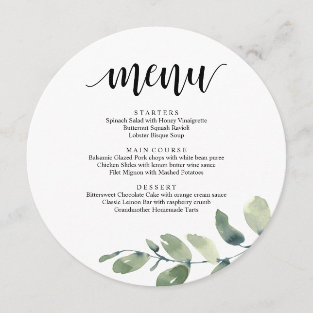 Wedding Reception Dinner, Eucalyptus Greenery Menu (Front)