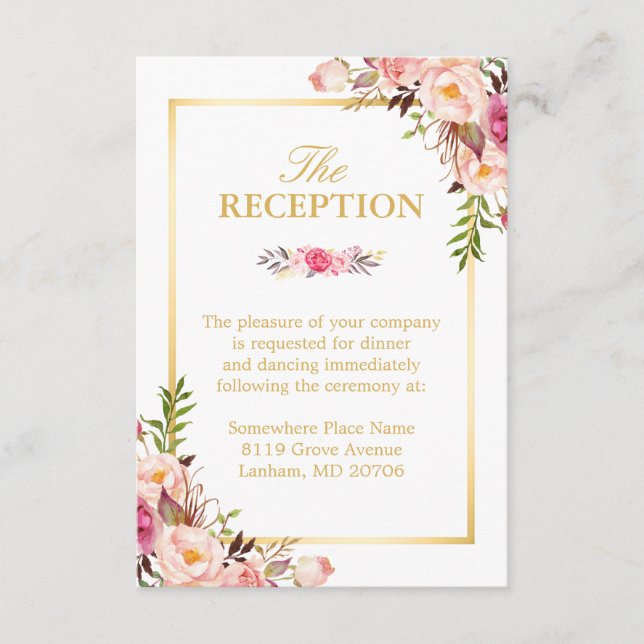 Wedding Reception Elegant Chic Floral Gold Frame Enclosure Card (Front)