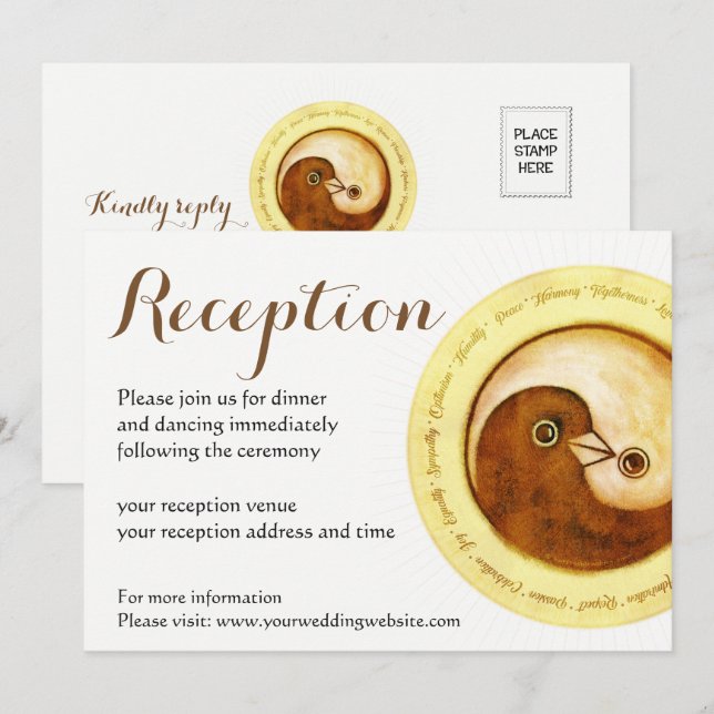 WEDDING RECEPTION INVITE. Gold YinYang doves Invitation (Front/Back)