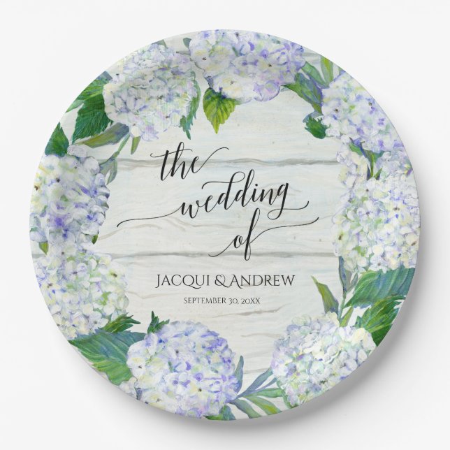 Wedding Reception Lavender Hydrangea Wreath Wood Paper Plate (Front)