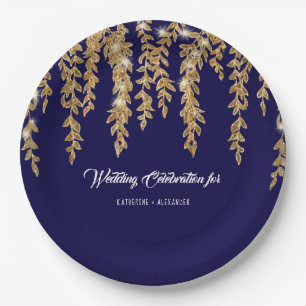 Wedding Reception Navy Gold Leaf Twinkle Lights Paper Plate