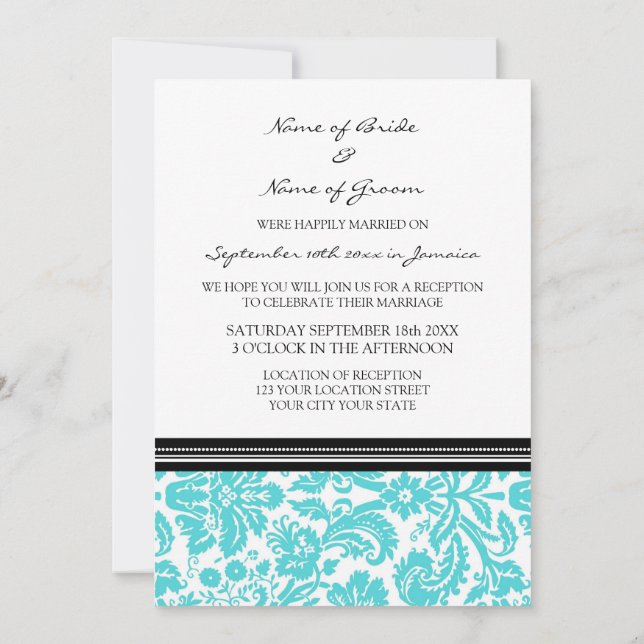 Wedding Reception Only Aqua Black Damask Invitation (Back)