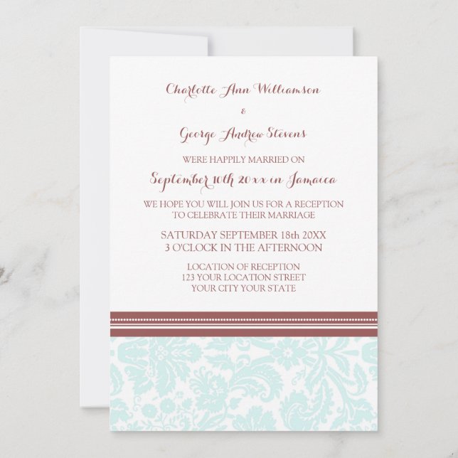 Wedding Reception Only Sky Blue Wine Damask Invitation (Back)