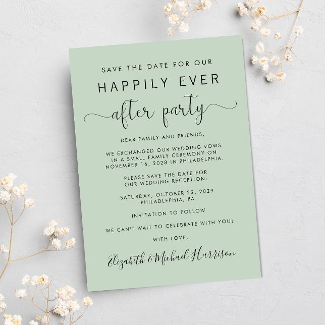 Wedding Reception Photo Sage Save the Date Announcement (A stylish save the date announcement for a reception to celebrate your elopement or private wedding )