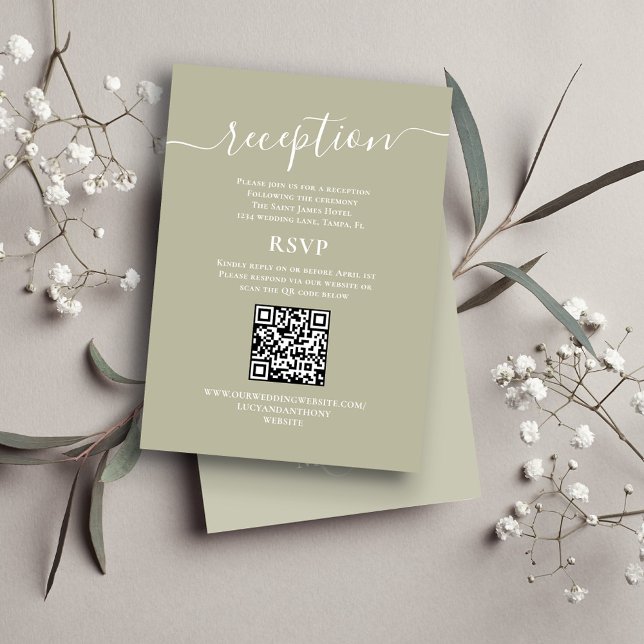 Wedding Reception QR Code RSVP Sage Green Enclosure Card (Simple sage green reception and RSVP card with QR Code. )